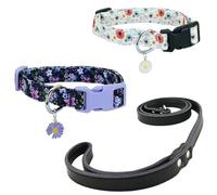 Newtensina Mode 3 pièces motif fleur laisse et collier pour chien avec un pendentif pétale pour chiens moyens et grands chiens (b) - violet blanc - S
