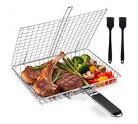 Newthinking Panier de barbecue pliable portable en acier inoxydable pour poissons, légumes, crevettes avec poignée amovible, avec brosse à badigeonner et sac de rangement
