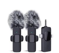 newtopend Système de microphone cravate sans fil 3 en 1, portée de 100 m, autonomie de la batterie de 8 h, double housse coupe-vent, compatible avec iPhone, Android, appareil photo