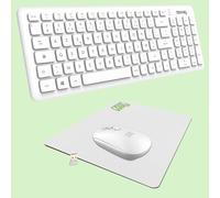 NEWWAY - Pack RF01 Clavier Souris sans Fil avec Tapis - Clavier Wireless Français (AZERTY) 97 Touches 13 Raccourcis Multimédias - Souris WiFi 2.4 GHz 4 Boutons Compacte - Récepteur USB - Blanc