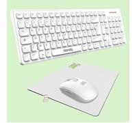 NEWWAY - Pack RF02 Clavier Souris sans Fil avec Tapis - Clavier Wireless Français (AZERTY) 105 Touches 13 Raccourcis Multimédias - Souris WiFi 2.4 GHz 6 Boutons Compacte - Récepteur USB - Blanc