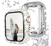 NewWays Lot de 2 coques imperméables pour Apple Watch de 45 mm, protecteur d'écran séries 9, 8, 7, pour femme - coque de visage scintillante avec diamant scintillant pour iWatch de 45 mm (lumière