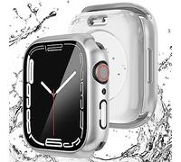 NewWays Lot de 2 protecteurs d'écran étanches compatibles avec Apple Watch de 45 mm Series 9, Series 8, Series 7 avec verre trempé, iWatch - Protection complète en polycarbonate rigide - Argenté