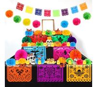 Newwiee Kit de 88 pièces Jour des morts Autel LED sans flamme en papier bougie en papier de calendula fleur de calendula Monarque Papel Papel Picado Bannière Nappe jetable pour Dia De Los Muertos