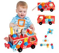 NewZC Malette Outils Enfant en Bois Camion de Pompier Montessori avec Jouet Bois Caisse a Outil - Jeux de Construction Voiture de 3 Ans pour Développe Motricité Fine 3-6 Ans Garcon Fille Cadeau