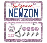 Newzon Cute Pink License Plate Frame, 2 Pack Glitter Glass Pink Rhinestones License Plate Covers for Women, Girl, with Crystal Screw Caps Bling Girl Barbie Pink License Plate Frame for Women Gift