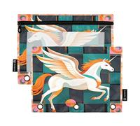 Nexawaveo Artdeco Pegasus Lot de 2 trousses à crayons géométriques pour classeur à 3 anneaux Fermeture éclair lisse avec fenêtre en PVC transparent pour fournitures scolaires
