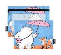 Nexawaveo Bear Fox - Lot de 2 trousses à crayons orange et bleu pour classeur à 3 anneaux, fermeture éclair lisse avec fenêtre en PVC transparent pour fournitures scolaires