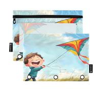 Nexawaveo Boy Kite Flying Lot de 2 trousses à crayons pour classeur à 3 anneaux Fermeture éclair lisse avec fenêtre en PVC transparent pour fournitures scolaires