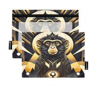 Nexawaveo Deco Monkey Lot de 2 trousses à crayons noires et dorées pour classeur à 3 anneaux Fermeture éclair lisse avec fenêtre en PVC transparent pour fournitures scolaires