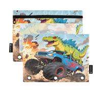 Nexawaveo Dynamic Dino Truck Lot de 2 trousses à crayons pour classeur à 3 anneaux Fermeture éclair lisse avec fenêtre en PVC transparent pour fournitures scolaires Bleu