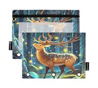 Nexawaveo Enchanted Brown Deer Forest Lot de 2 trousses à crayons pour classeur à 3 anneaux Fermeture éclair lisse avec fenêtre en PVC transparent pour fournitures scolaires
