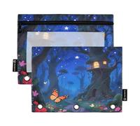 Nexawaveo Enchanted Forest Night Lot de 2 trousses à crayons pour classeur à 3 anneaux Fermeture éclair lisse avec fenêtre en PVC transparent pour fournitures scolaires