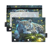 Nexawaveo Enchanted Leopard Forest Lot de 2 trousses à crayons pour classeur à 3 anneaux Fermeture éclair lisse avec fenêtre en PVC transparent pour fournitures scolaires
