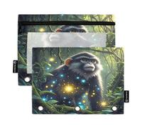 Nexawaveo Enchanted Monkey Forest Lot de 2 trousses à crayons pour classeur à 3 anneaux Fermeture éclair lisse avec fenêtre en PVC transparent pour fournitures scolaires