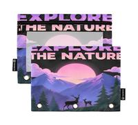 Nexawaveo Enchanting Deer Moonlit Lot de 2 trousses à crayons pour classeur à 3 anneaux Fermeture éclair lisse avec fenêtre en PVC transparent pour fournitures scolaires
