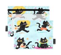 Nexawaveo Energetic Cats Lot de 2 trousses à crayons pour classeur à 3 anneaux Fermeture éclair lisse avec fenêtre en PVC transparent pour fournitures scolaires Bleu clair