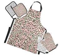 Nexawaveo Ensemble de tablier de cuisine avec gants de cuisine et maniques Glam Leopardpink avec revêtement argenté résistant à l'eau et à l'huile pour la cuisine, le barbecue, la pâtisserie