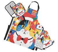 Nexawaveo Ensemble de tablier de cuisine avec gants de cuisine et maniques - Revêtement argenté - Résistant à l'eau et à l'huile - Pour cuisine, barbecue, pâtisserie, Chat de dessin animé de Noël