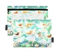 Nexawaveo Flower Holding Fairies Lot de 2 trousses à crayons pour classeur à 3 anneaux Fermeture éclair lisse avec fenêtre en PVC transparent pour fournitures scolaires