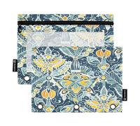 Nexawaveo Folklore Lot de 2 trousses à crayons bleu foncé et jaune pour classeur à 3 anneaux Fermeture éclair lisse avec fenêtre en PVC transparent pour fournitures scolaires