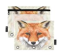 Nexawaveo Fox Head Potrait Lot de 2 trousses à crayons pour classeur à 3 anneaux Fermeture éclair lisse avec fenêtre en PVC transparent pour fournitures scolaires