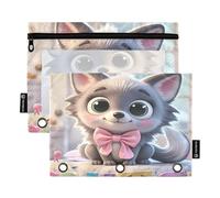 Nexawaveo Fox Lot de 2 trousses à crayons multicolores pour classeur à 3 anneaux Fermeture éclair lisse avec fenêtre en PVC transparent pour fournitures scolaires