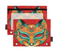 Nexawaveo Fox Mask Lot de 2 trousses à crayons rouges pour classeur à 3 anneaux Fermeture éclair lisse avec fenêtre en PVC transparent pour fournitures scolaires