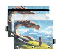 Nexawaveo Girl and Dragon on Hill Lot de 2 trousses à crayons pour classeur à 3 anneaux Fermeture éclair lisse avec fenêtre en PVC transparent pour fournitures scolaires Bleu