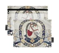 Nexawaveo Graceful Horse Portrait Lot de 2 trousses à crayons beige pour classeur à 3 anneaux Fermeture éclair lisse avec fenêtre en PVC transparent pour fournitures scolaires