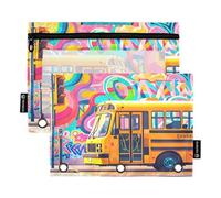 Nexawaveo Graffiti Bus Urban Lot de 2 trousses à crayons pour classeur à 3 anneaux Fermeture éclair lisse avec fenêtre en PVC transparent pour fournitures scolaires