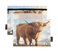 Nexawaveo Highland Cow in Golden Field Lot de 2 trousses à crayons pour classeur à 3 anneaux Fermeture éclair lisse avec fenêtre en PVC transparent pour fournitures scolaires