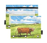 Nexawaveo Highland Cow in Green Field Lot de 2 trousses à crayons pour classeur à 3 anneaux Fermeture éclair lisse avec fenêtre en PVC transparent pour fournitures scolaires
