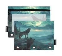 Nexawaveo Howling Wolf Lot de 2 trousses à crayons pour classeur à 3 anneaux Fermeture éclair lisse avec fenêtre en PVC transparent pour fournitures scolaires
