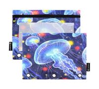 Nexawaveo Jellyfish Lot de 2 trousses à crayons pour classeur à 3 anneaux Fermeture éclair lisse avec fenêtre en PVC transparent pour fournitures scolaires Bleu foncé et rouge