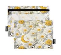 Nexawaveo Lot de 2 trousses à crayons avec fenêtre en PVC transparent pour classeur à 3 anneaux, fermeture éclair lisse et fenêtre en PVC transparent Motif croissant floral 3D Blanc
