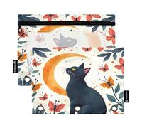 Nexawaveo Lot de 2 trousses à crayons avec fenêtre en PVC transparent pour classeur à 3 anneaux, fermeture éclair lisse et fenêtre en PVC transparent Motif chat et lune