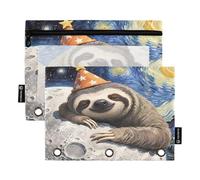 Nexawaveo Lot de 2 trousses à crayons avec fenêtre en PVC transparent pour classeur à 3 anneaux, motif paresseux, lune et étoiles