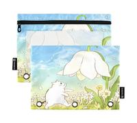 Nexawaveo Lot de 2 trousses à crayons avec motif chat et fleur de dessin animé bleu clair pour classeur à 3 anneaux, fermeture éclair lisse avec fenêtre en PVC transparent pour fournitures scolaires