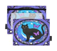 Nexawaveo Lot de 2 trousses à crayons avec motif chat et papillon pour classeur à 3 anneaux, fermeture éclair lisse avec fenêtre en PVC transparent pour fournitures scolaires