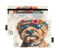 Nexawaveo Lot de 2 trousses à crayons beige avec motif chien avec couronne de fleurs et lunettes de soleil pour classeur à 3 anneaux, fermeture éclair lisse avec fenêtre en PVC transparent pour