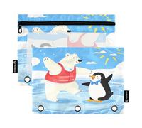 Nexawaveo Lot de 2 trousses à crayons bleues avec motif ours polaire et pingouin pour classeur à 3 anneaux, fermeture éclair lisse avec fenêtre en PVC transparent pour fournitures scolaires