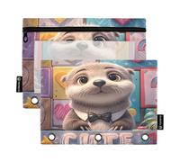 Nexawaveo Lot de 2 trousses à crayons colorées en forme de loutre pour classeur à 3 anneaux, fermeture éclair lisse avec fenêtre en PVC transparent pour fournitures scolaires