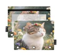 Nexawaveo Lot de 2 trousses à crayons en forme de couronne de chat et de fleurs pour classeur à 3 anneaux, fermeture éclair lisse avec fenêtre en PVC transparent pour fournitures scolaires