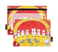 Nexawaveo Lot de 2 trousses à crayons en PVC transparent pour classeur à 3 anneaux avec fermeture éclair lisse et fenêtre en PVC transparent Motif chats Rouge/jaune