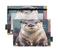 Nexawaveo Lot de 2 trousses à crayons en PVC transparent pour classeur à 3 anneaux, fermeture éclair lisse, motif loutre marron