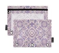Nexawaveo Lot de 2 trousses à crayons exquises violettes et crème pour classeur à 3 anneaux, fermeture éclair lisse avec fenêtre en PVC transparent pour fournitures scolaires