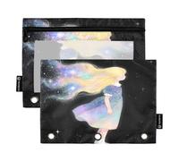 Nexawaveo Lot de 2 trousses à crayons foncées avec personnage de dessin animé et cheveux de galaxie pour classeur à 3 anneaux, fermeture éclair lisse avec fenêtre en PVC transparent pour fournitures