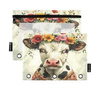 Nexawaveo Lot de 2 trousses à crayons légères avec motif vache et fleurs pour classeur à 3 anneaux, fermeture éclair lisse avec fenêtre en PVC transparent pour fournitures scolaires