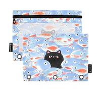 Nexawaveo Lot de 2 trousses à crayons motif chat noir et poisson pour classeur à 3 anneaux, fermeture éclair lisse avec fenêtre en PVC transparent pour fournitures scolaires